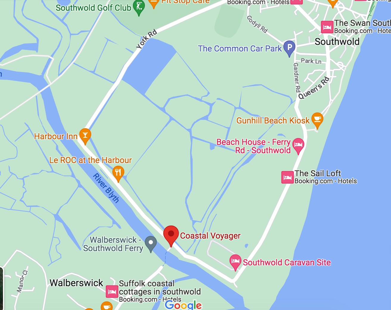 Map showing how to find Coastal Voyager at Southwold Harbour